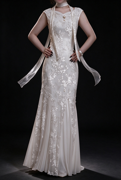 Ivory Floral Lace Mermaid Evening Gown With Sheer Ribbon Choker fg8980