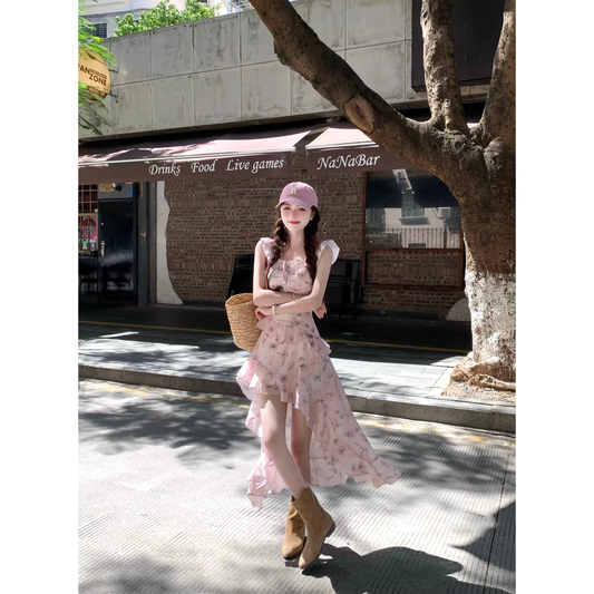 French-style irregular floral dress  A31