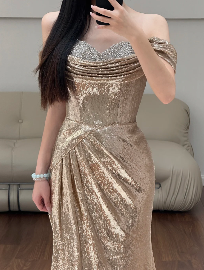 Off The Shoulder Champane Prom Party Dress Birthday Dress Evening Dress fg8625