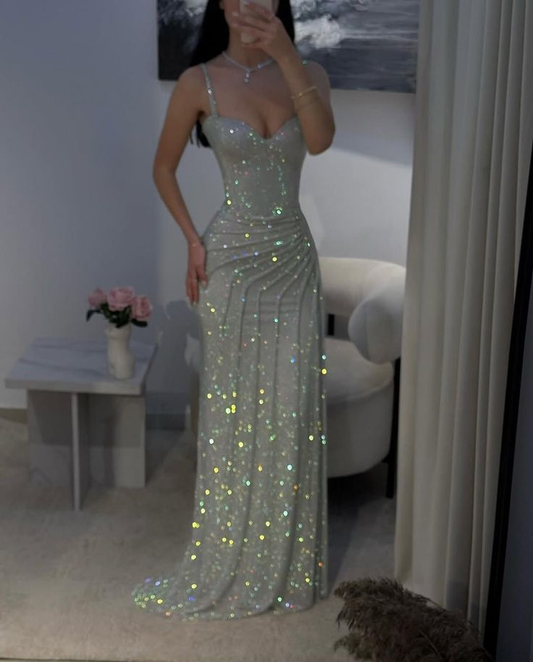 Gorgeous Spaghetti Straps Silver Sequin Side Slit Long Prom Dress Evening Dress fg8359