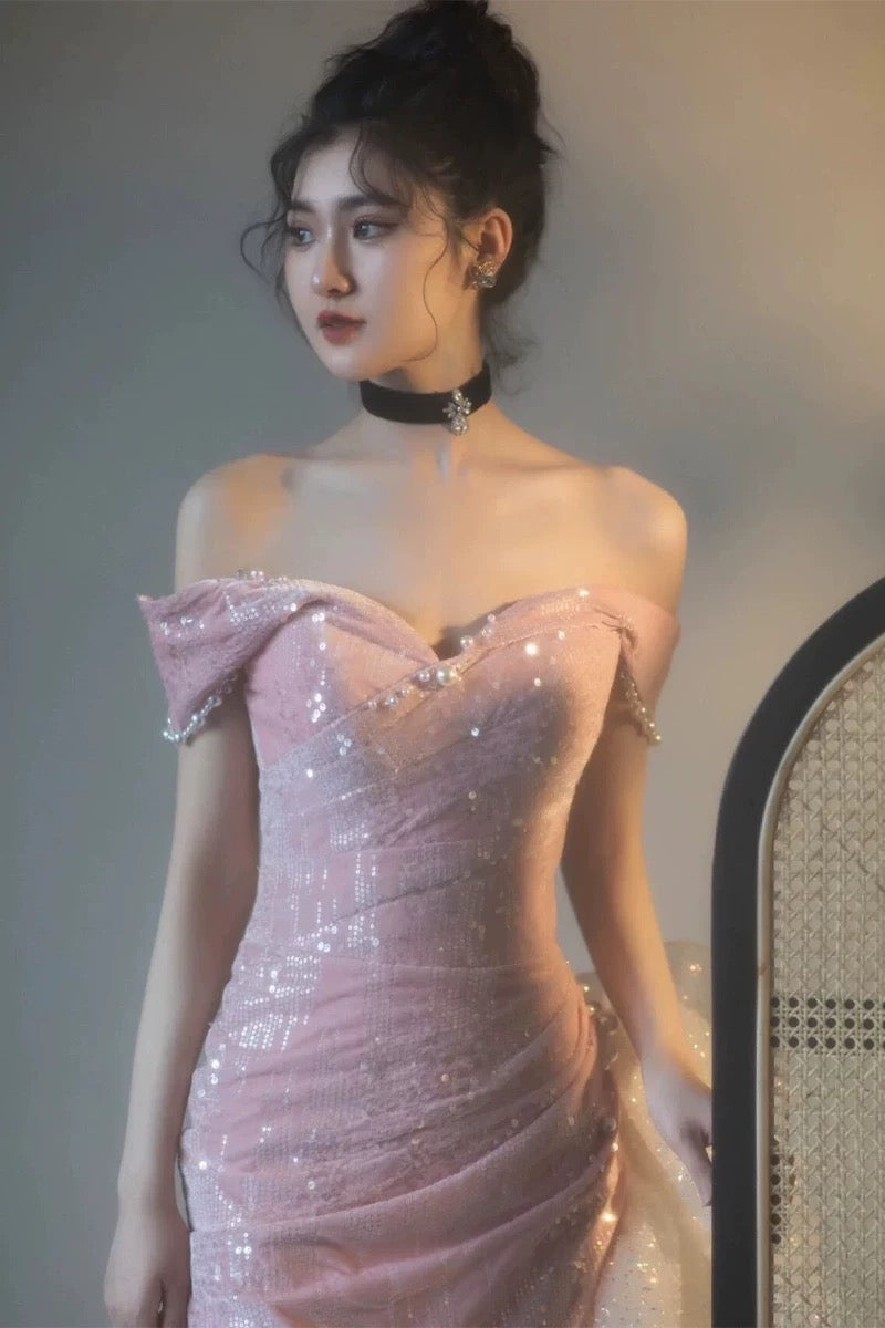 Meerjungfrau-Ballkleid mit schulterfreiem Schnitt und Pailletten, glitzernde Abendkleider fg5081