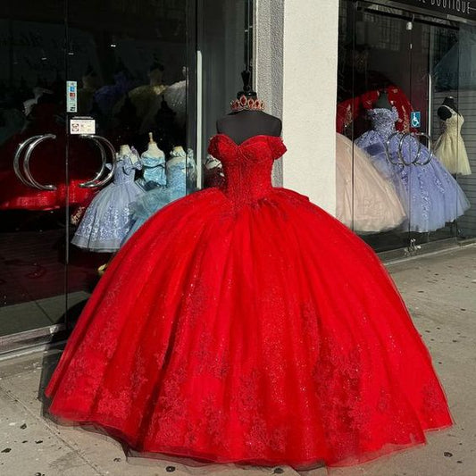 Princess Ball Gown Quinceanera Dresses Red Bow Lace Appliques Beaded Sweet 16 Dress       fg6292