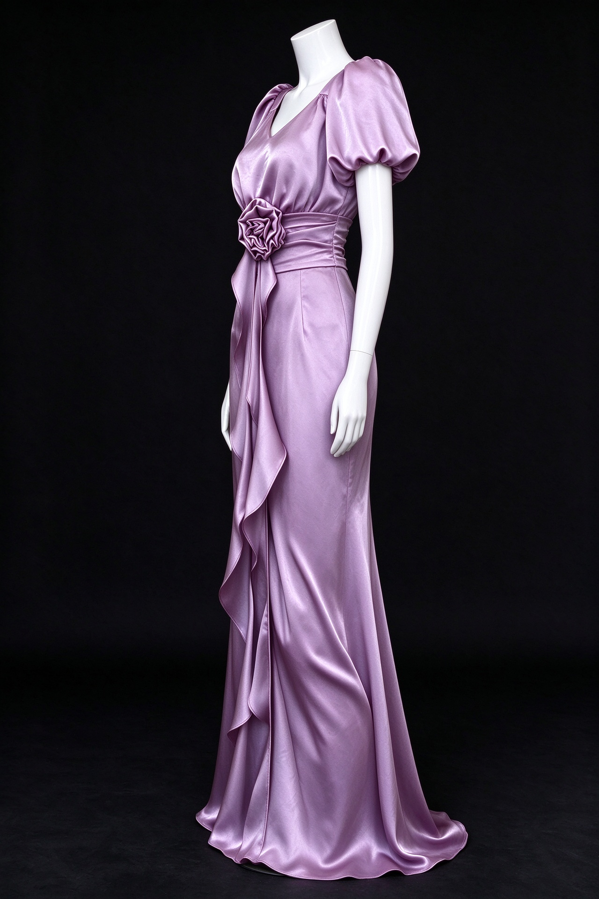 Dusty Purple Satin V-Neck Puff Sleeve 3D Flower Waist Long Evening Dress fg9015