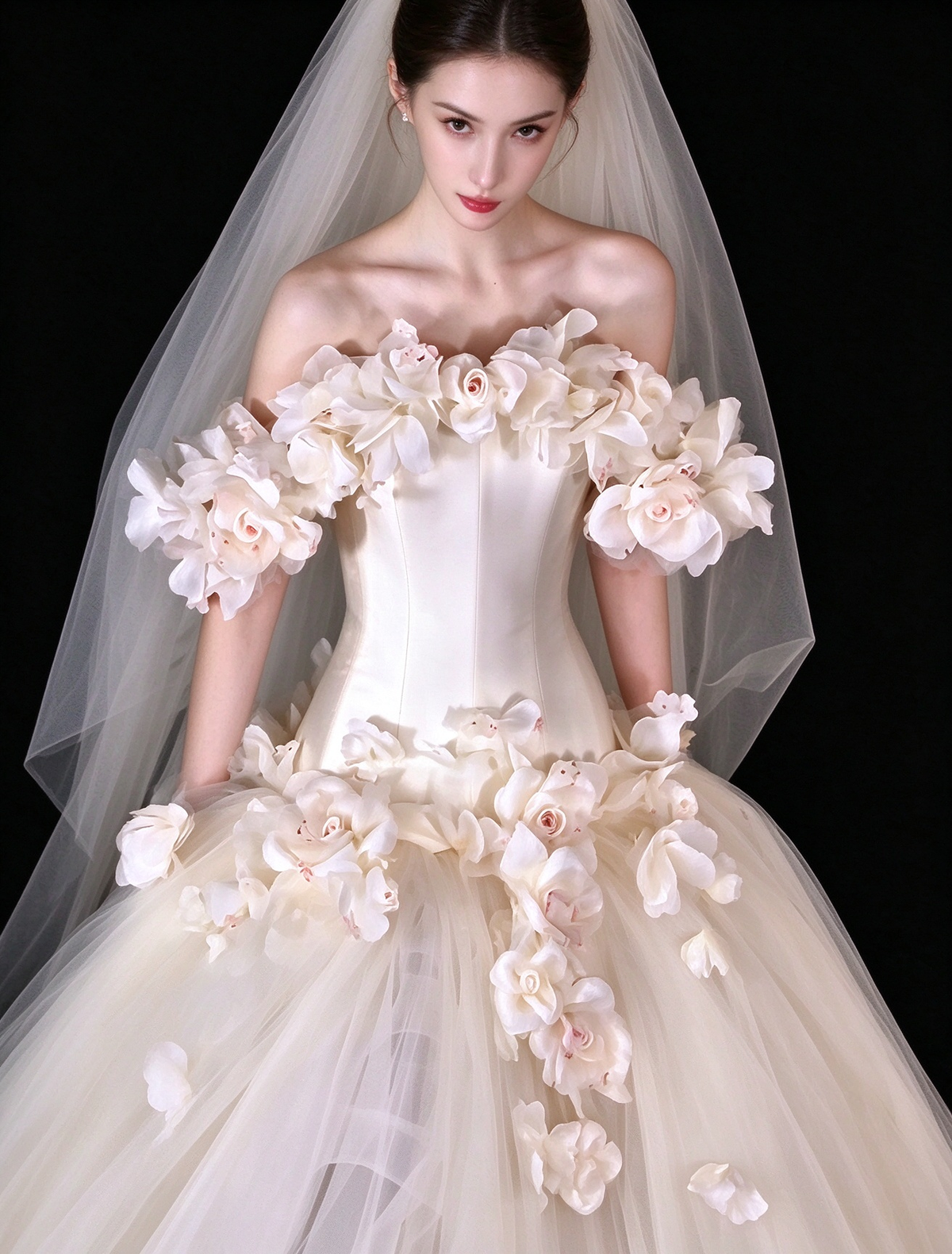 Ivory Off-the-Shoulder 3D Floral Tulle Wedding Ball Gown fg9051