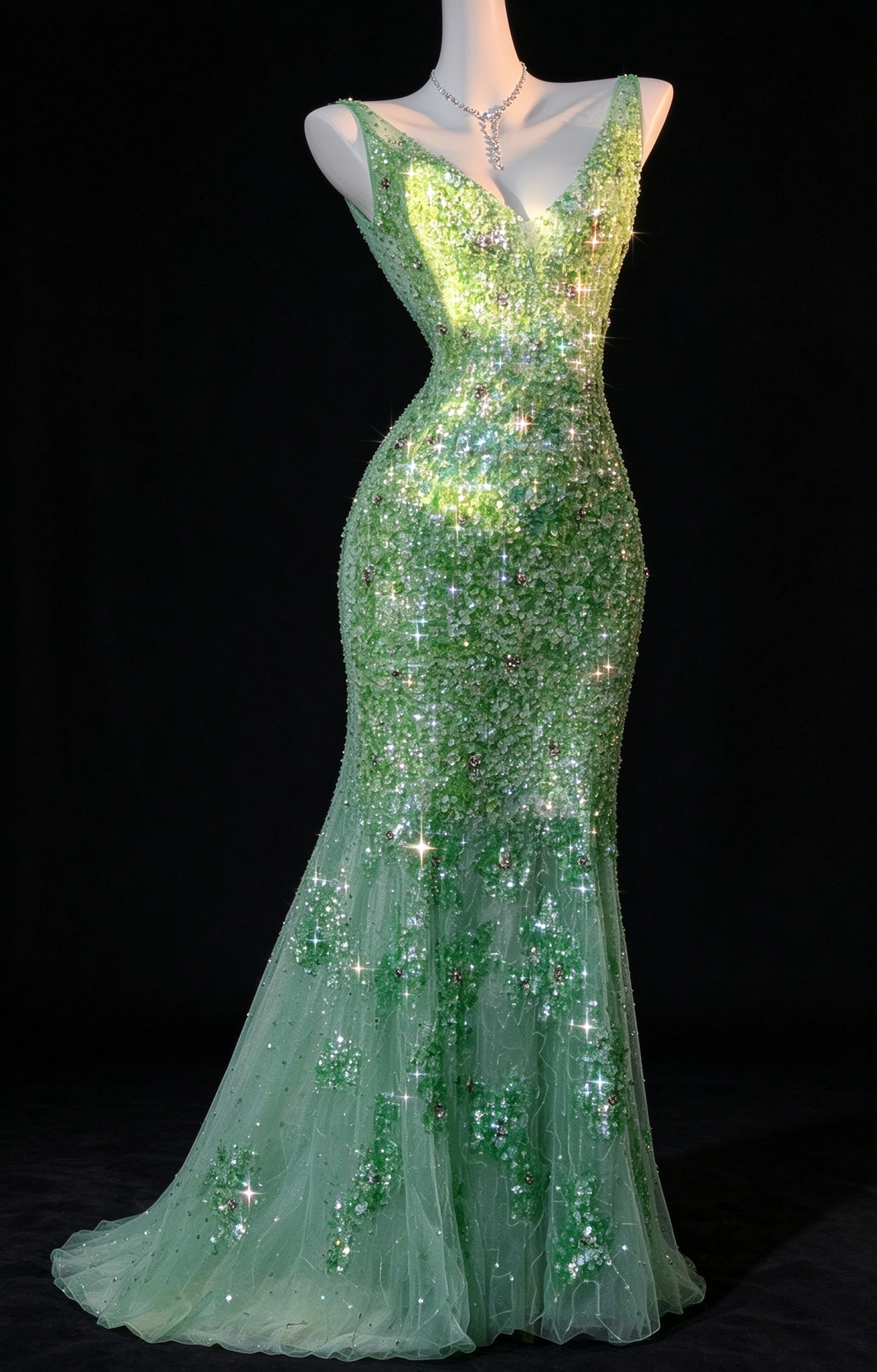 Sage Green V Neck Backless Beaded Mermaid Evening Dress fg9123