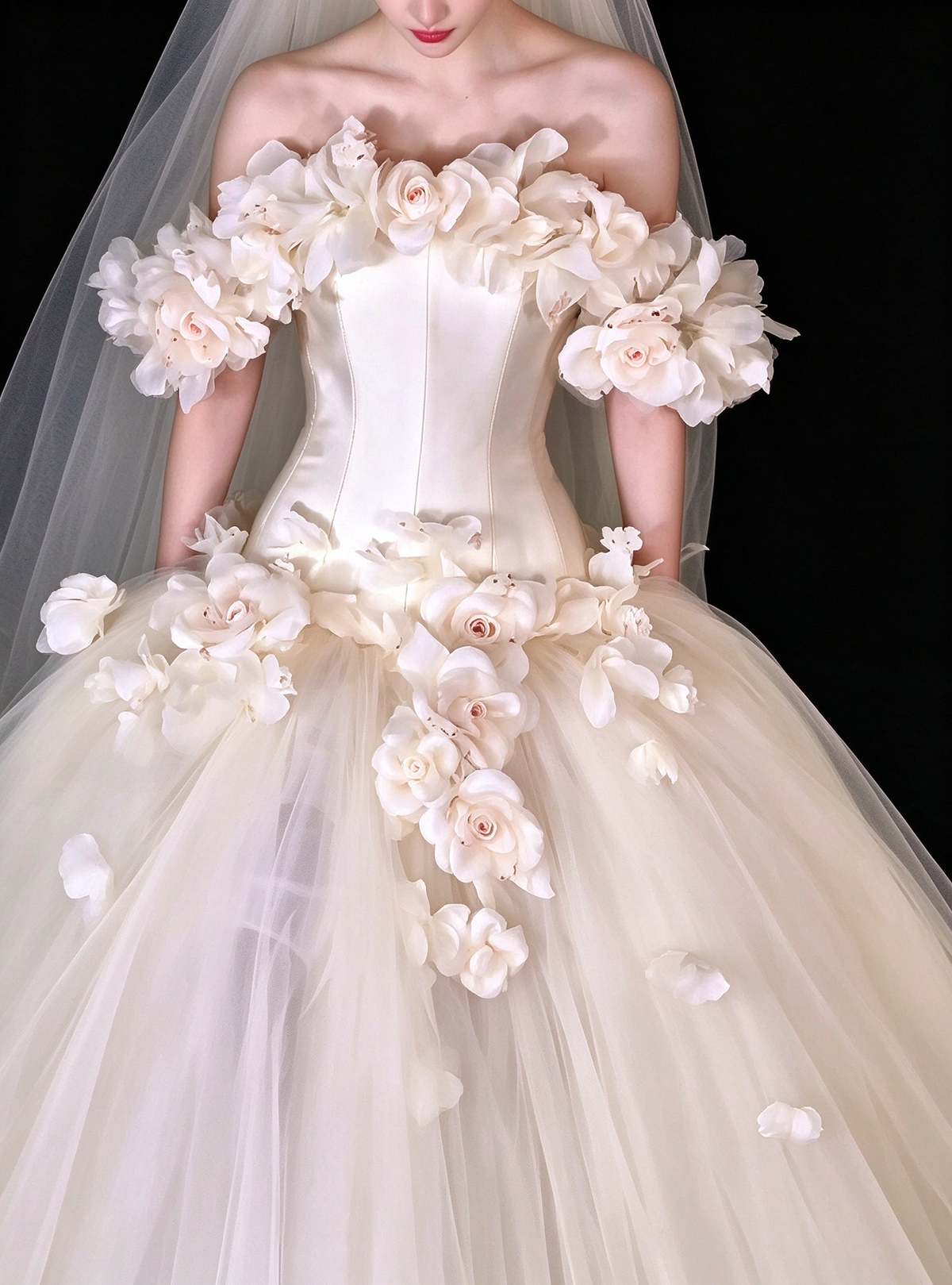 Ivory Off-the-Shoulder 3D Floral Tulle Wedding Ball Gown fg9051