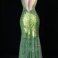 Sage Green V Neck Backless Beaded Mermaid Evening Dress fg9123