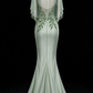 Sage Green Cape Leaf Beaded Tulle Mermaid Evening Gown fg9073