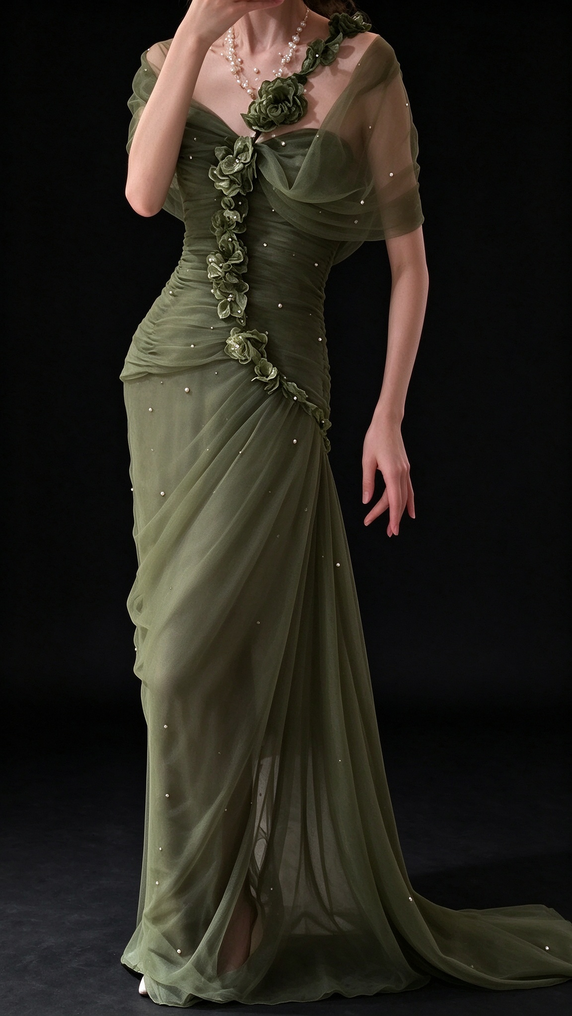 Sage Green Off-the-Shoulder 3D Floral Beaded Tulle Formal Evening Gown fg9052