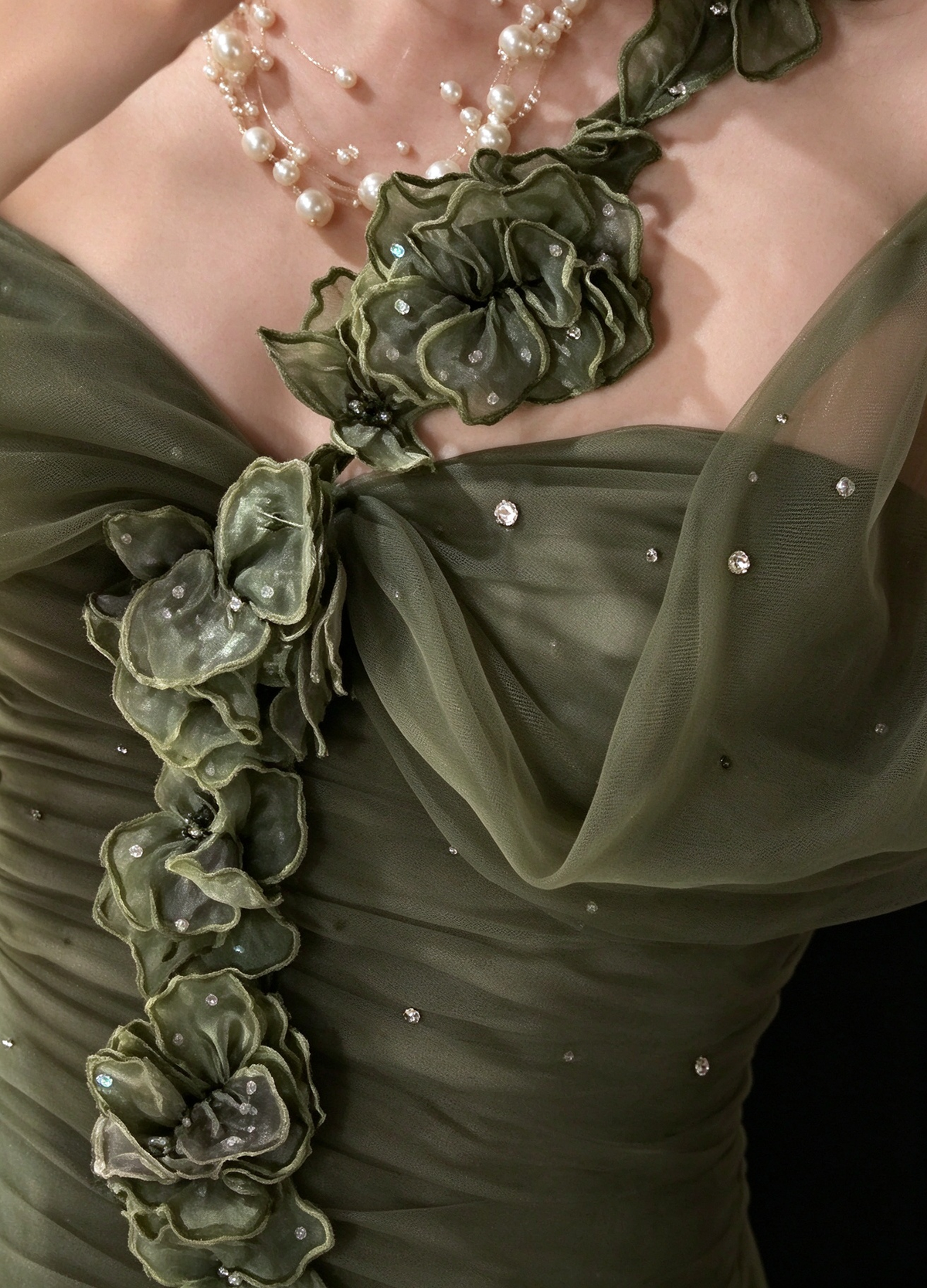 Sage Green Off-the-Shoulder 3D Floral Beaded Tulle Formal Evening Gown fg9052
