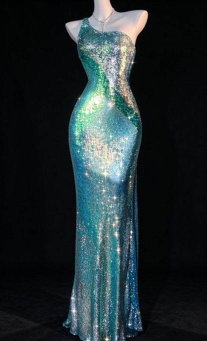 Turquoise One Shoulder Sequin Mermaid Evening Dress fg9124