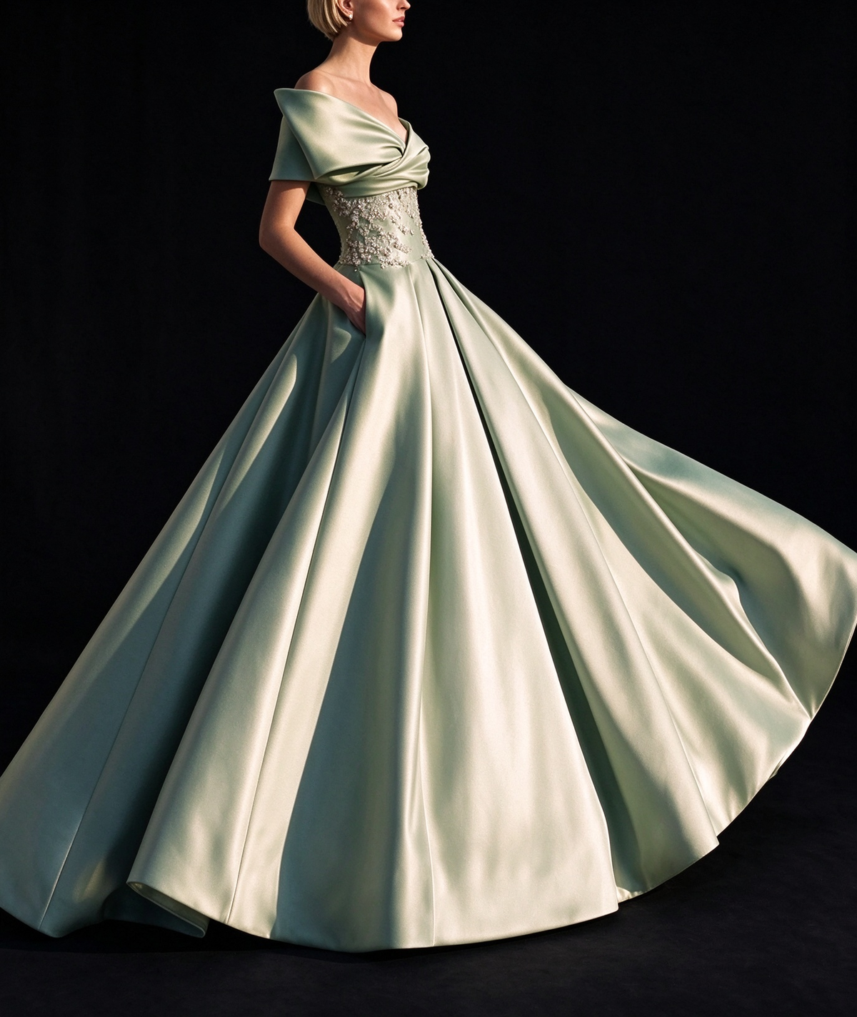 Mint Green Off-the-Shoulder Lace Applique Satin Ball Gown fg9053