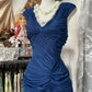 Navy Blue Mermaid Pleats Vintage Prom Dress Long Evening Dress   fg8038