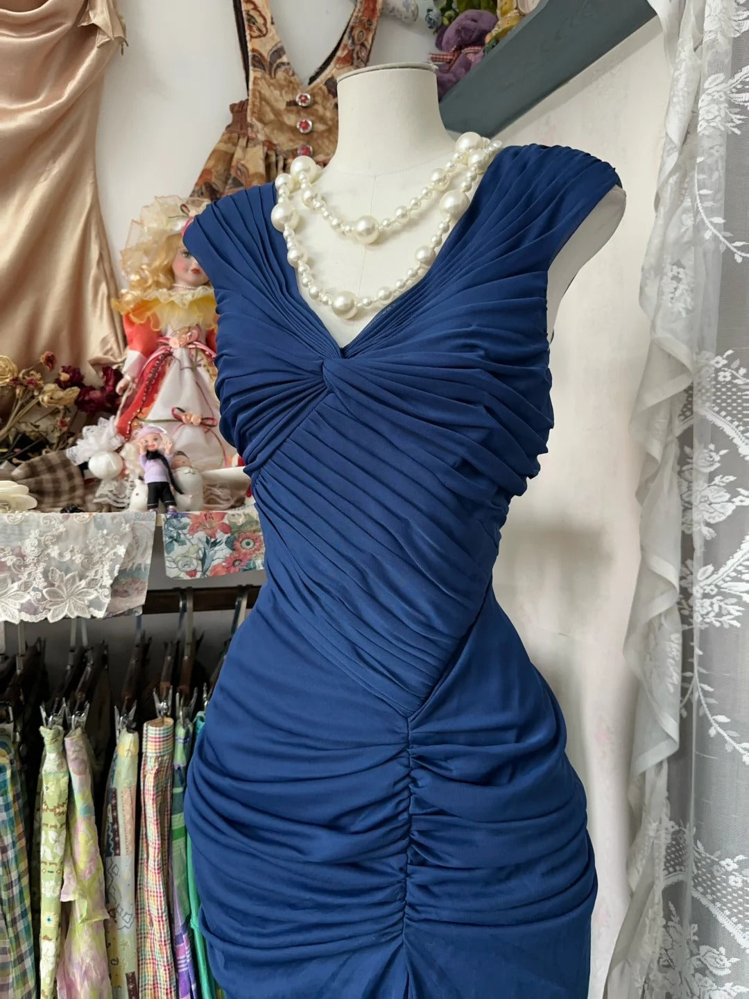 Navy Blue Mermaid Pleats Vintage Prom Dress Long Evening Dress   fg8038