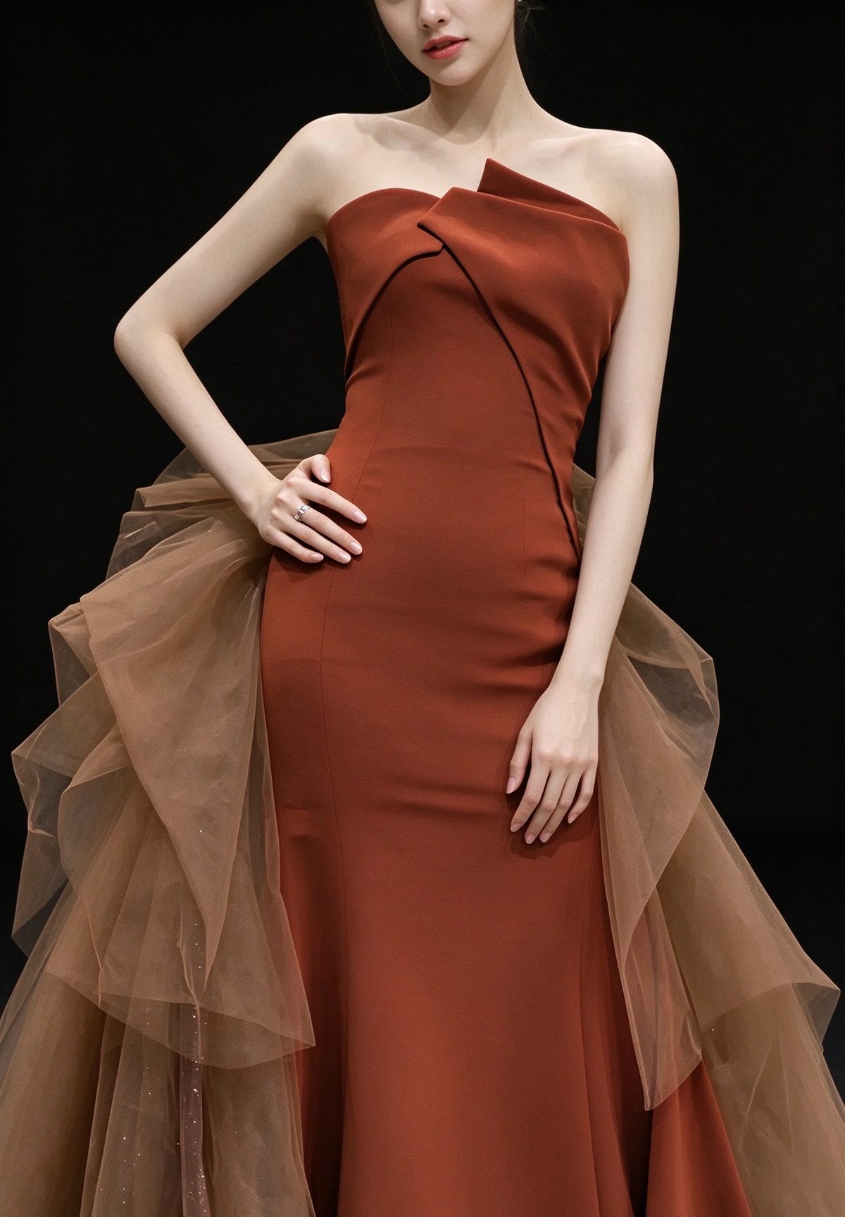 Rust Strapless Mermaid Evening Gown With Tulle Bow Train fg9118