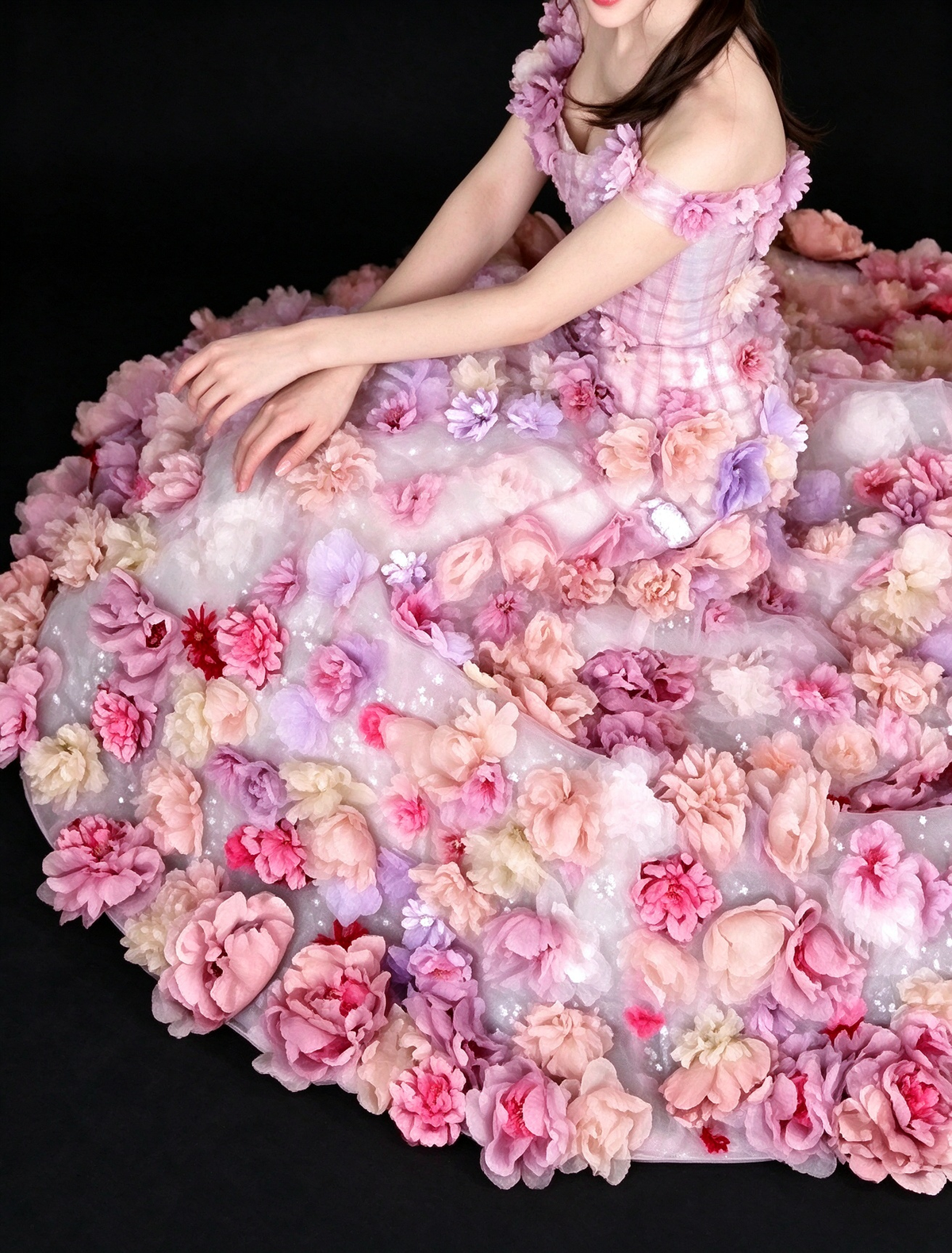 Pink Off-the-Shoulder 3D Floral Tulle Ball Gown fg9049