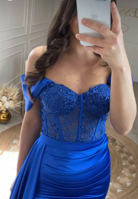 Royal Blue Evening Dresses Sweetheart Side Split Long Sexy Mermaid Satin Evening Dress Zipper Luxury Formal Party Dress    fg5512