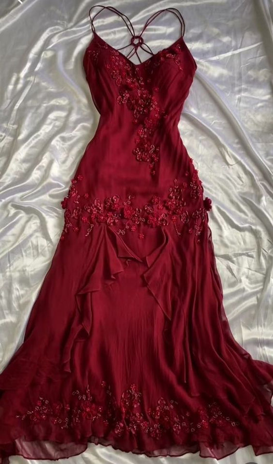 Vintage Sheath Spaghetti Straps Burgundy Long Prom Dress Evening Dresses With Beads       fg6714