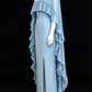 Light Blue Chiffon Cape Sleeve Beaded Neck Slit Long Evening Dress fg9013