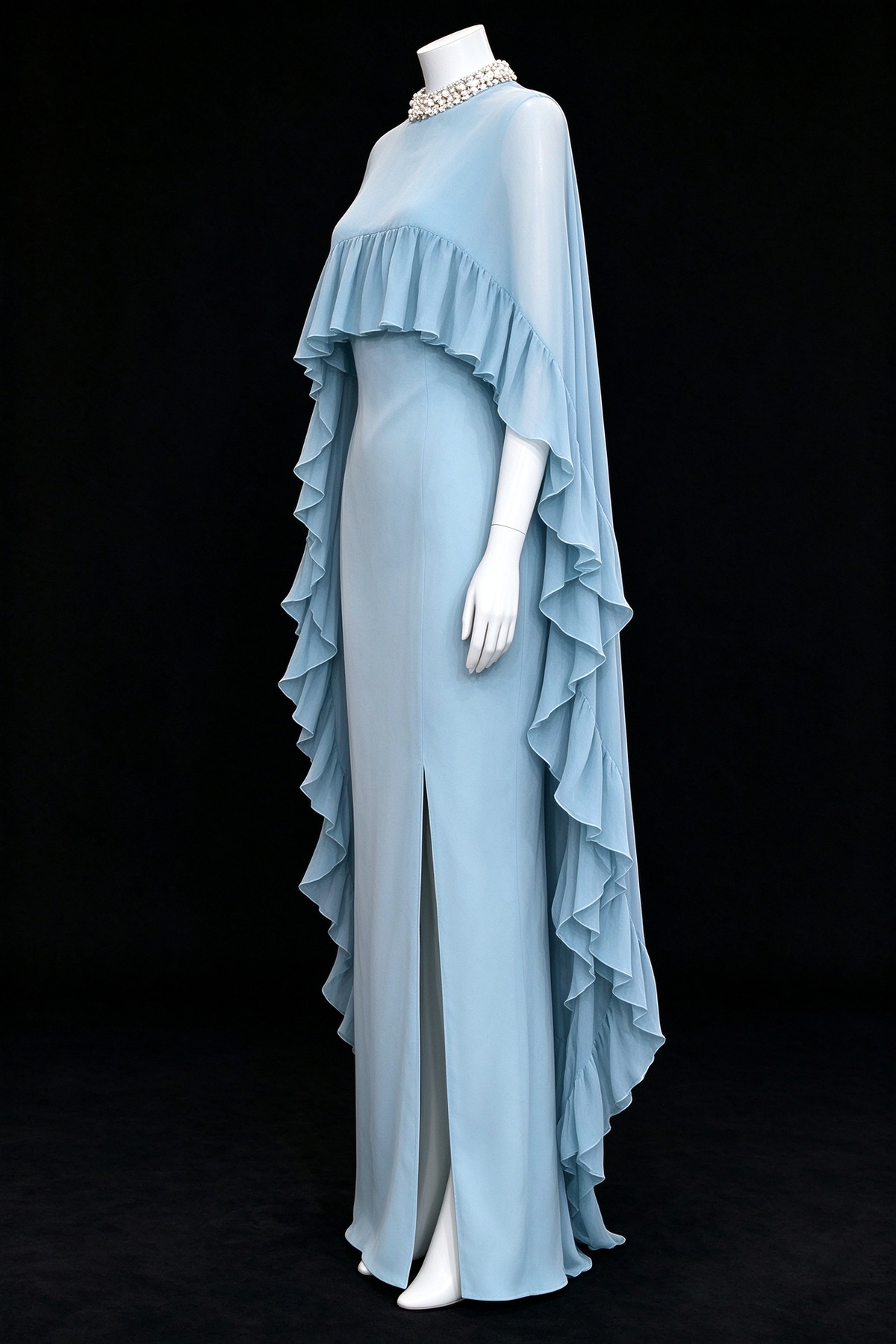 Light Blue Chiffon Cape Sleeve Beaded Neck Slit Long Evening Dress fg9013