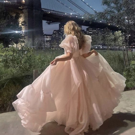 Pink A-Line Organza Long Prom Dress Engagement Dress with Puff Sleeves   fg5426