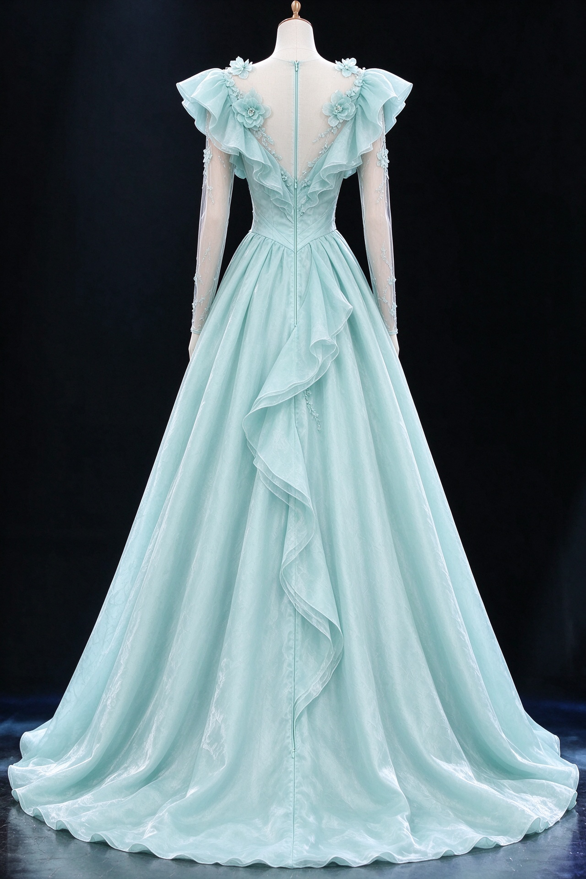 Mint Green Off Shoulder Long Sleeve 3D Floral Tulle Ball Evening Gown fg9062