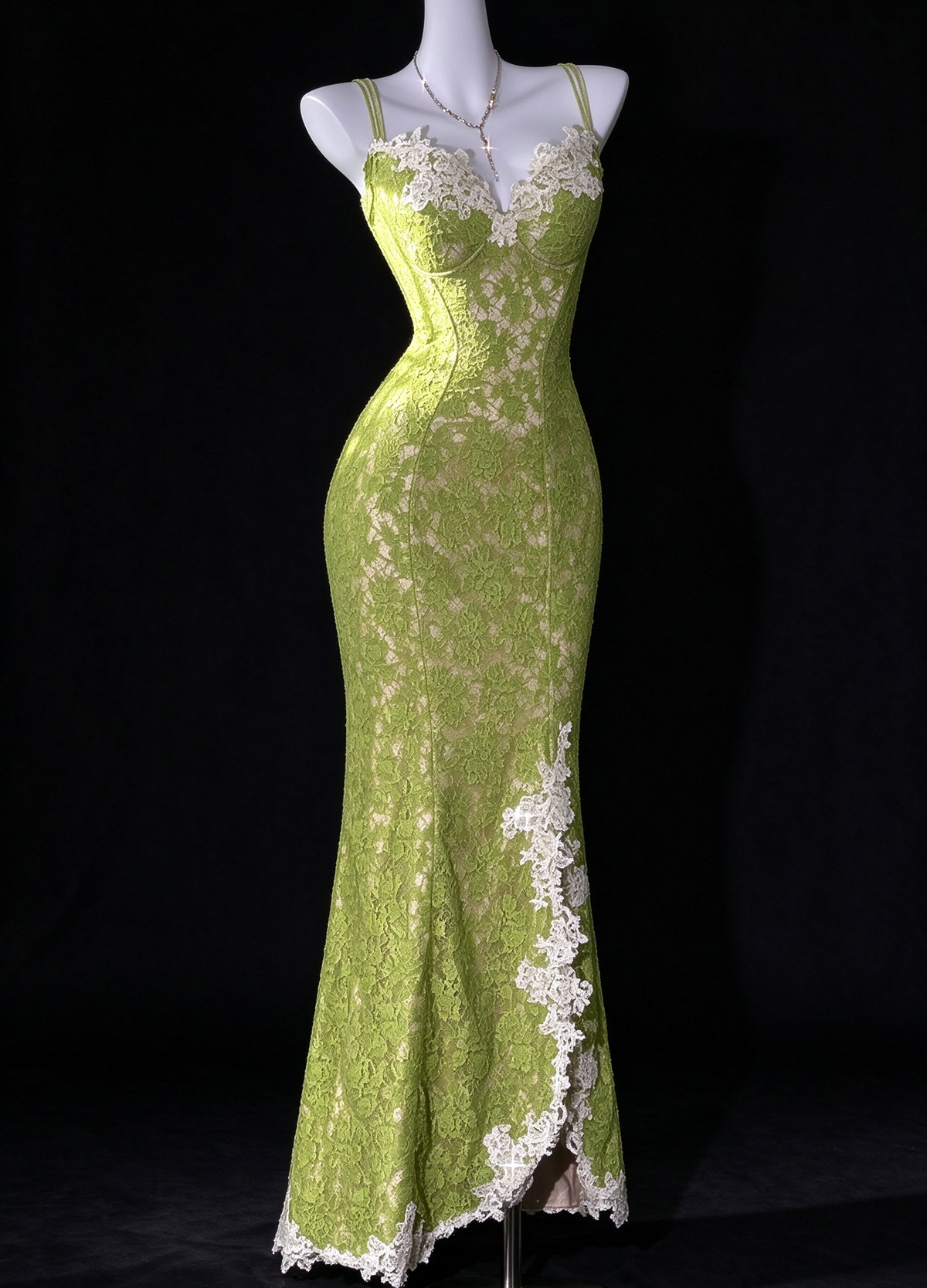 Sage Green Spaghetti Strap Lace Mermaid Evening Dress With Slit fg9127