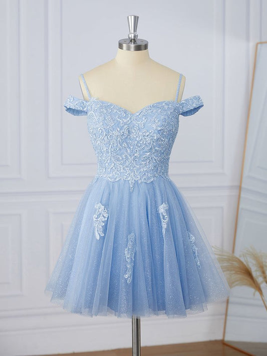 Robe trapèze courte en tulle, épaules dénudées, avec appliques en dentelle, fg5501