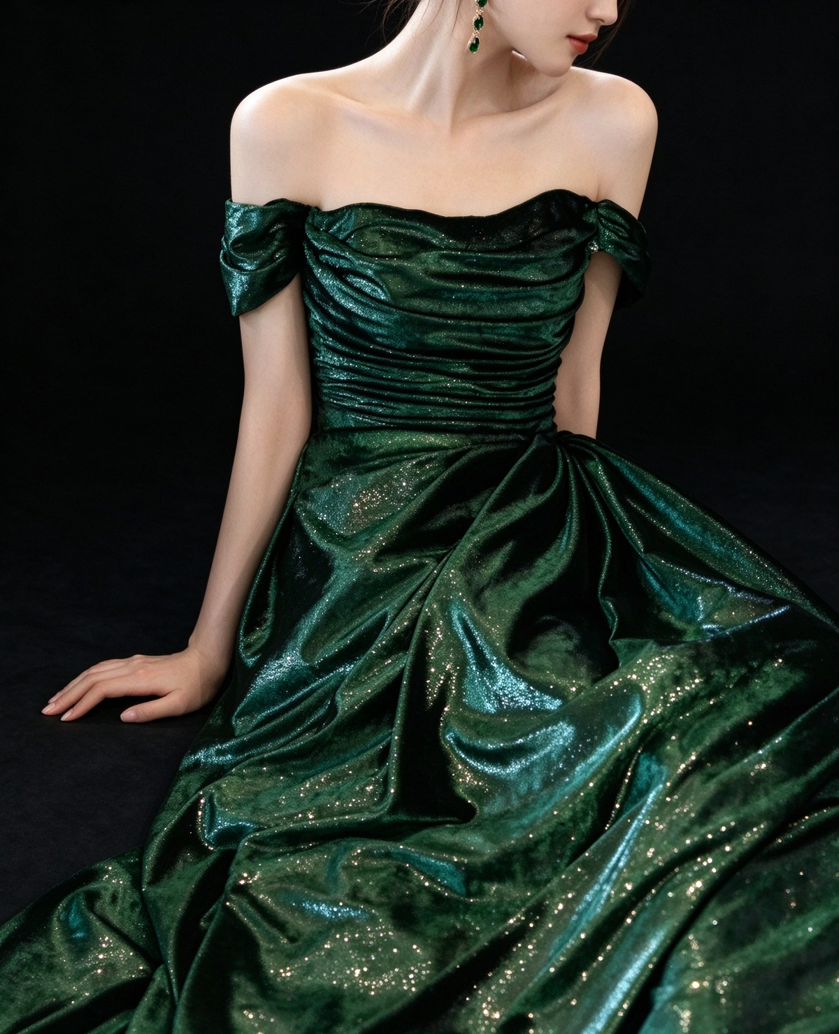 Green Off-the-Shoulder Glitter Velvet Formal Evening Gown fg9055