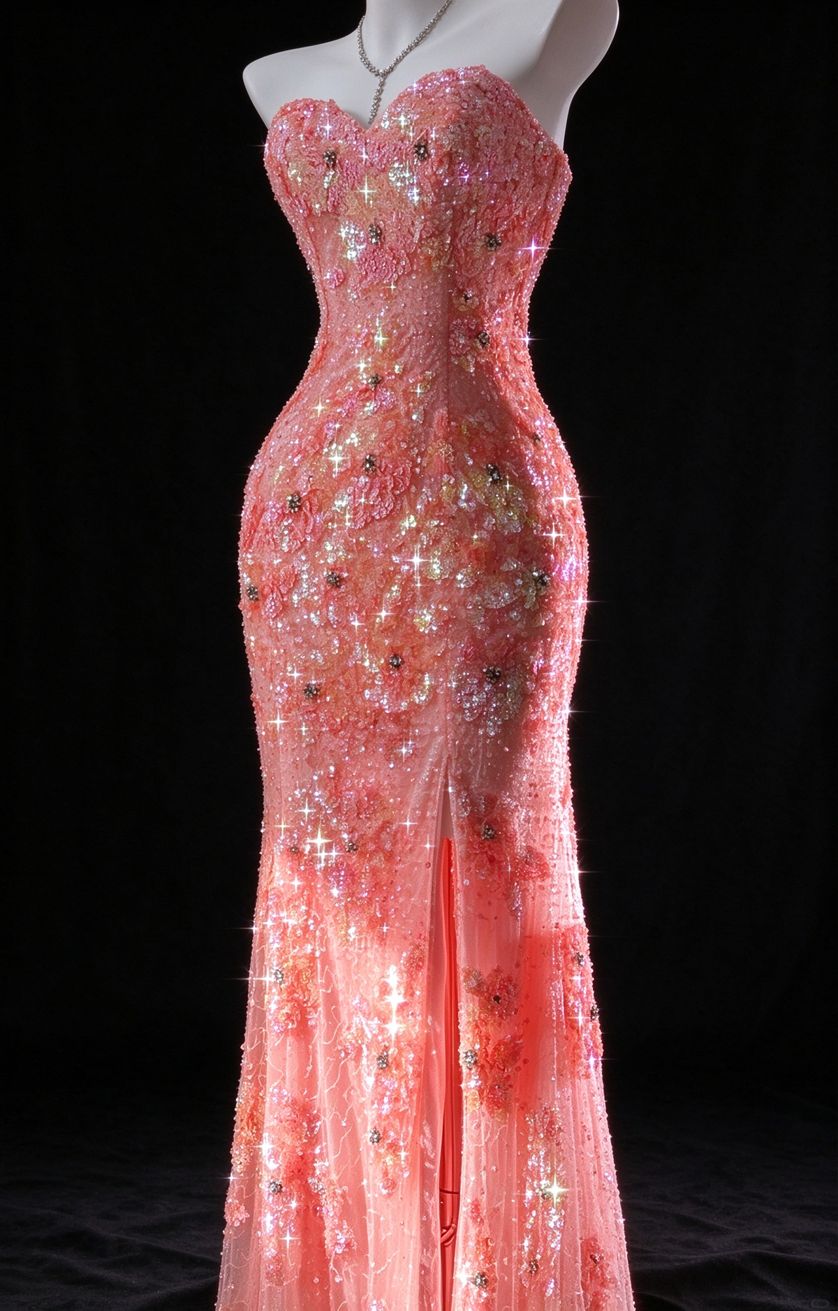 Coral Strapless Sequin Mermaid Evening Dress With Slit fg9128