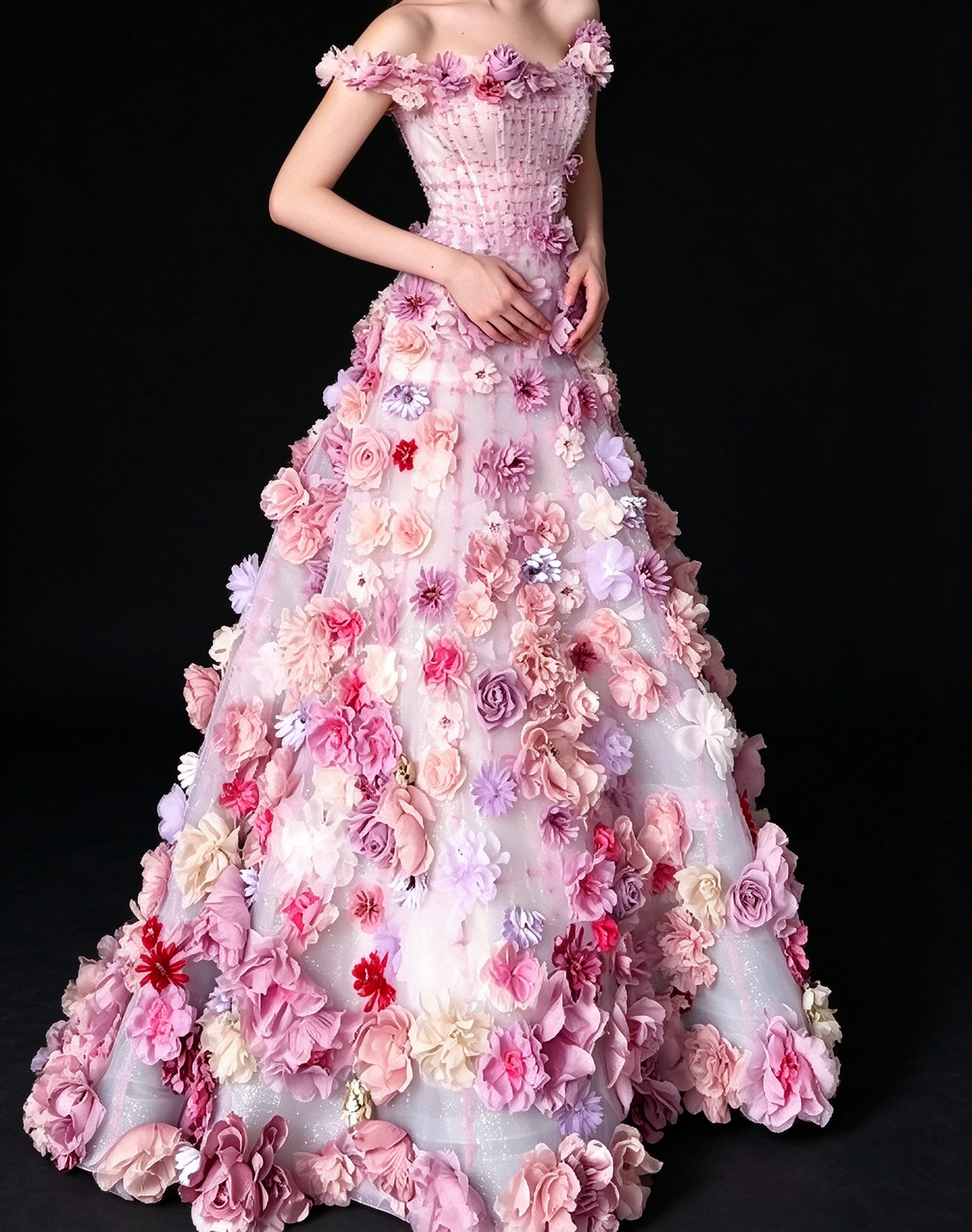 Pink Off-the-Shoulder 3D Floral Tulle Ball Gown fg9049