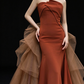 Rust Strapless Mermaid Evening Gown With Tulle Bow Train fg9118