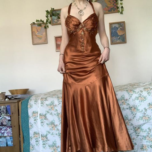 Halter A Line Satin Long Prom Dress Vintage Formal Party Dress      fg5843