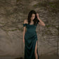 Off Shoulder Side Slit Dark Green Satin Long Evening Prom Dresses     fg6721