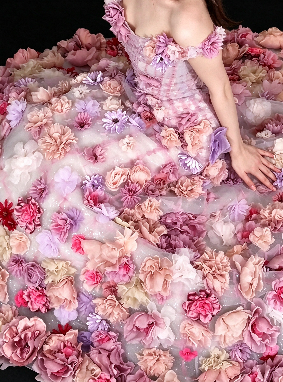 Pink Off-the-Shoulder 3D Floral Tulle Ball Gown fg9049