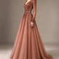 Dusty Rose V-Neck Long Sleeve A-Line Tulle Evening Gown With Heavy Beading & Low Back fg8991