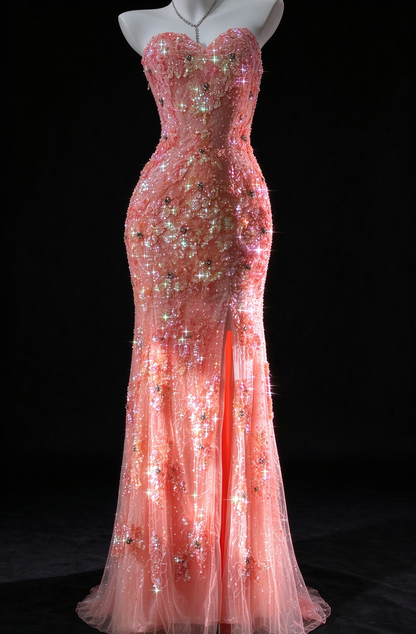 Coral Strapless Sequin Mermaid Evening Dress With Slit fg9128