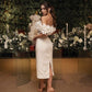 Flower Wedding Dresses Short Sheath Off Shoulder Split Tea Length Bridal Gown       fg5668