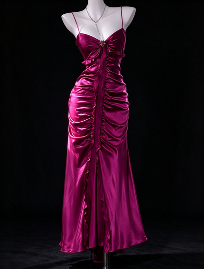 Fuchsia Spaghetti Strap Satin Midi Mermaid Evening Dress With Ruched Slit fg9130