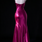 Fuchsia Spaghetti Strap Satin Midi Mermaid Evening Dress With Ruched Slit fg9130
