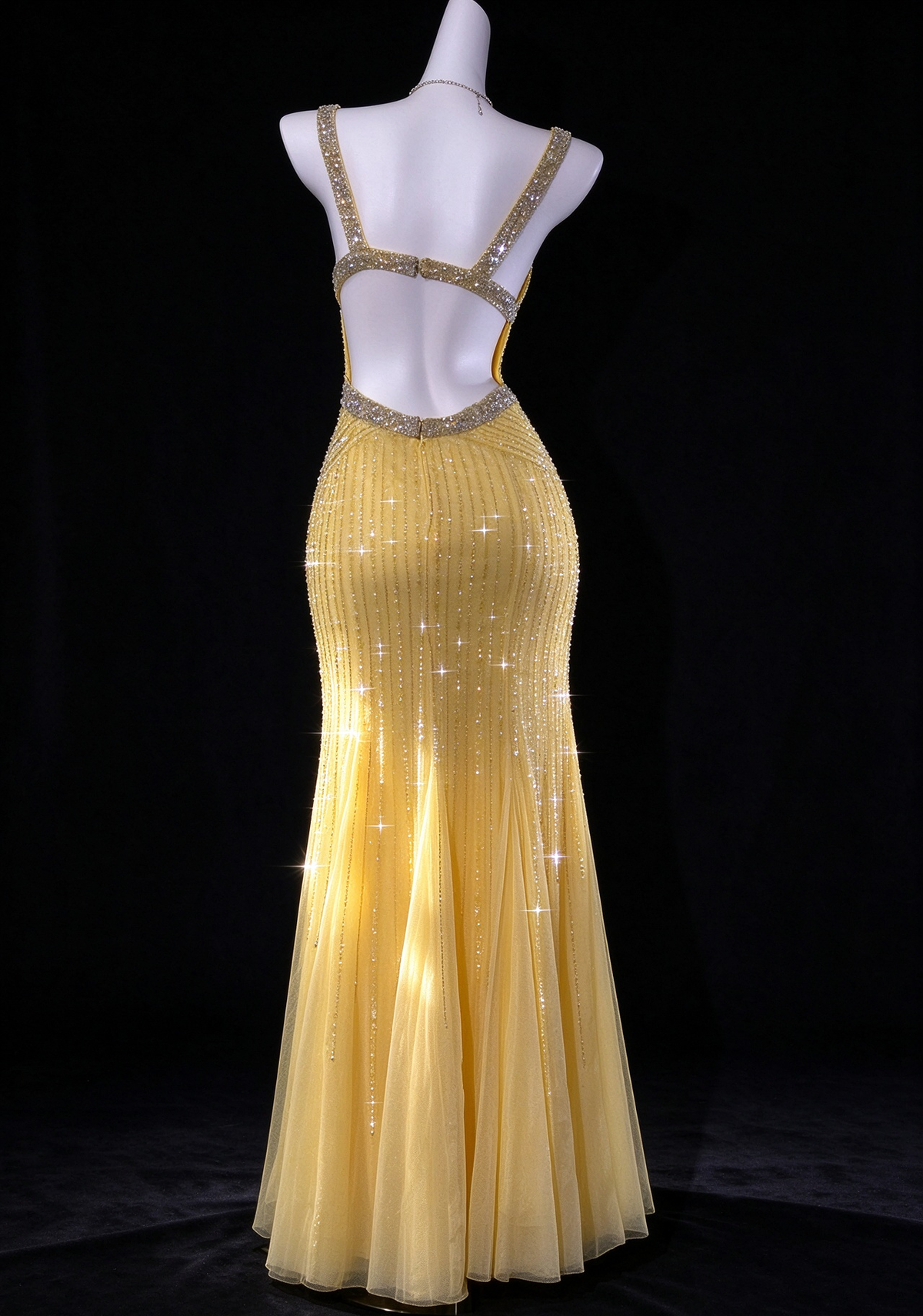 Yellow V Neck Beaded Mermaid Evening Dress With Open Back fg9129