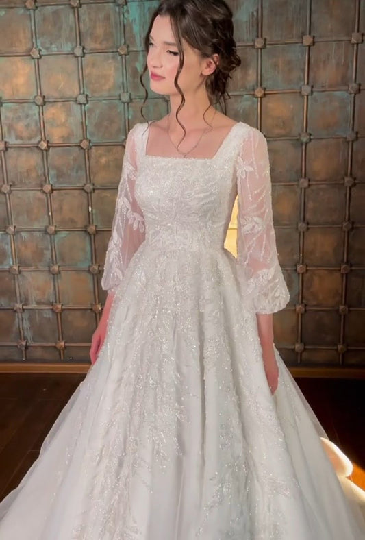 A Line White Square Neck Long Princess Wedding Dress    fg8167