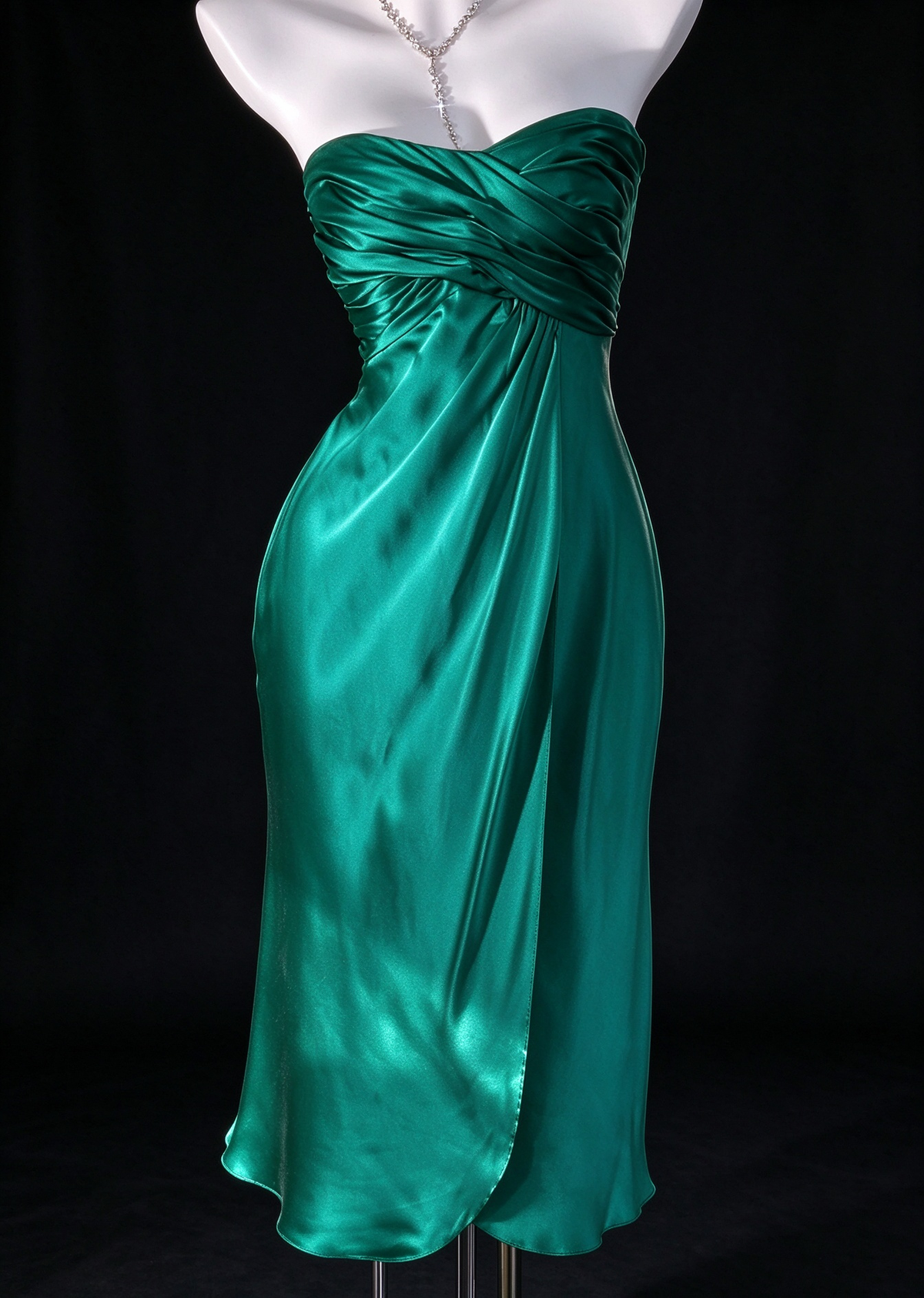 Emerald Strapless Satin Midi Evening Dress With Twist Front fg9131