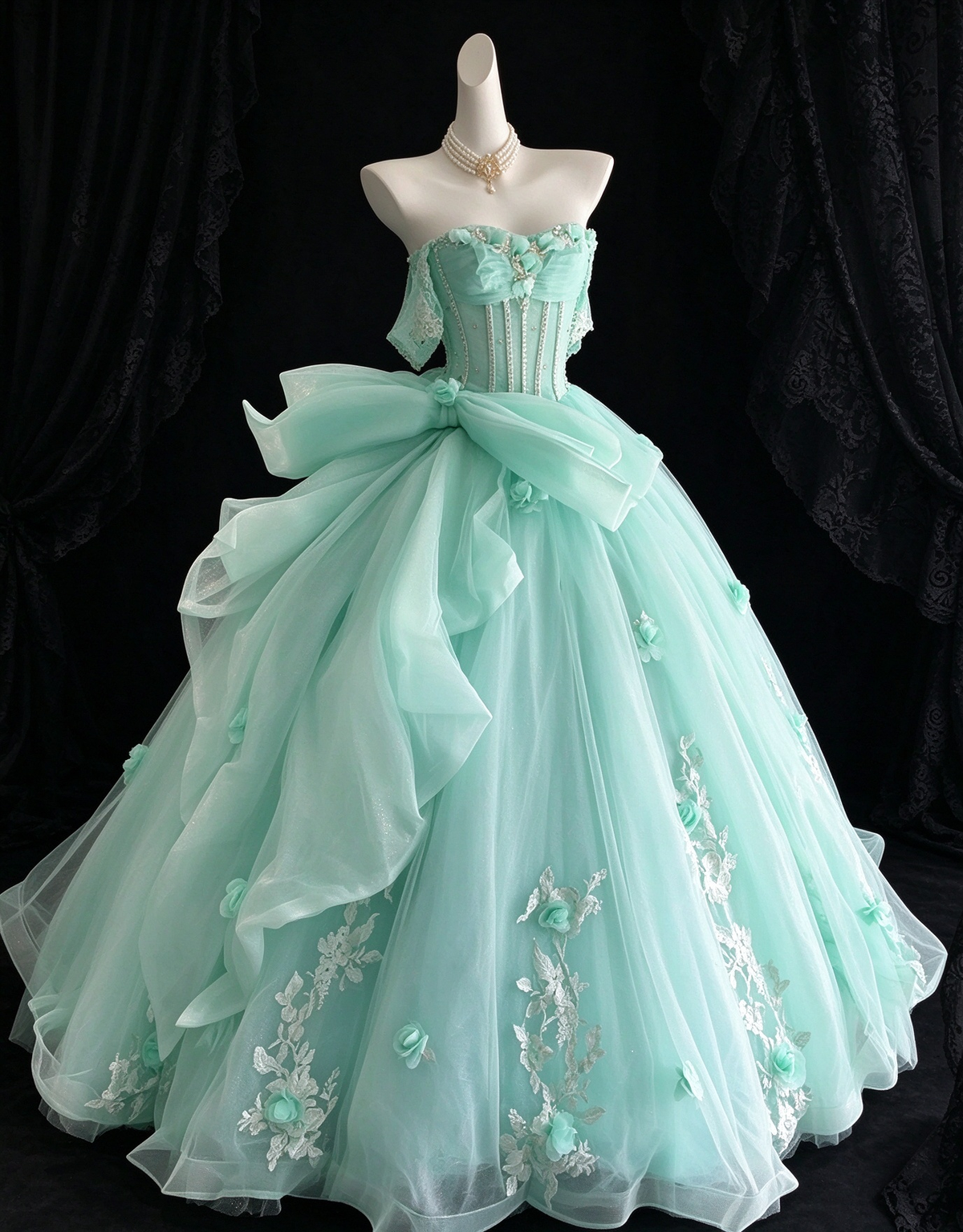 Mint Green Off-the-Shoulder Bow Lace Applique Tulle Ball Gown fg9058