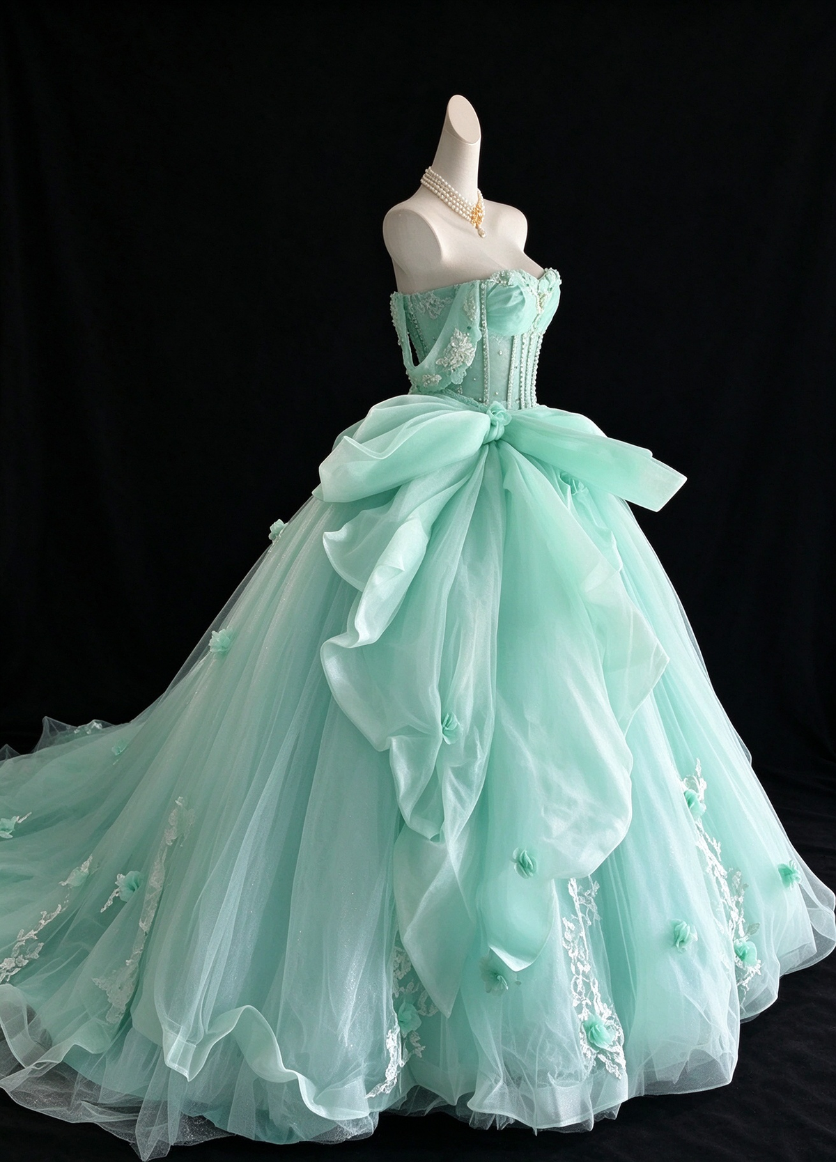 Mint Green Off-the-Shoulder Bow Lace Applique Tulle Ball Gown fg9058