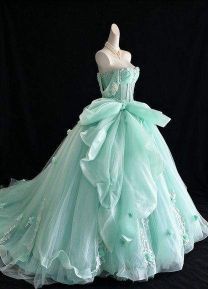 Mint Green Off-the-Shoulder Bow Lace Applique Tulle Ball Gown fg9058
