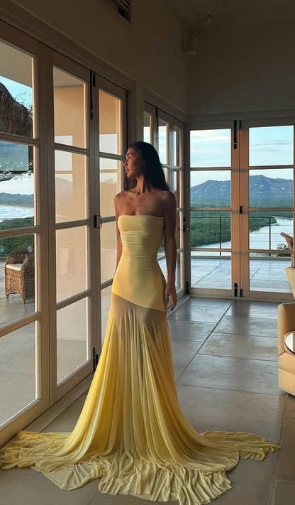 Strapless Long Mermaid Prom Dresses 2025 Yellow Party Dress Evening Dress   fg7867