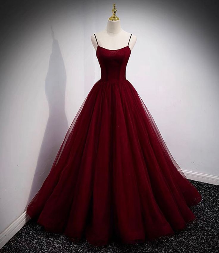 Burgundy tulle long prom dress A line evening gown     fg6739