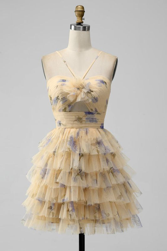 Yellow Print Keyhole Ruffle Tiered Short Homecoming Dress       fg5965