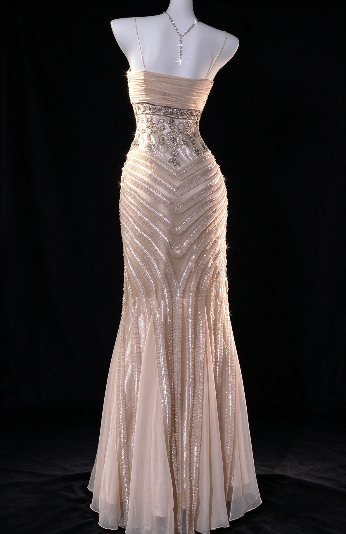 Champagne Spaghetti Strap Beaded Mermaid Evening Dress fg9132
